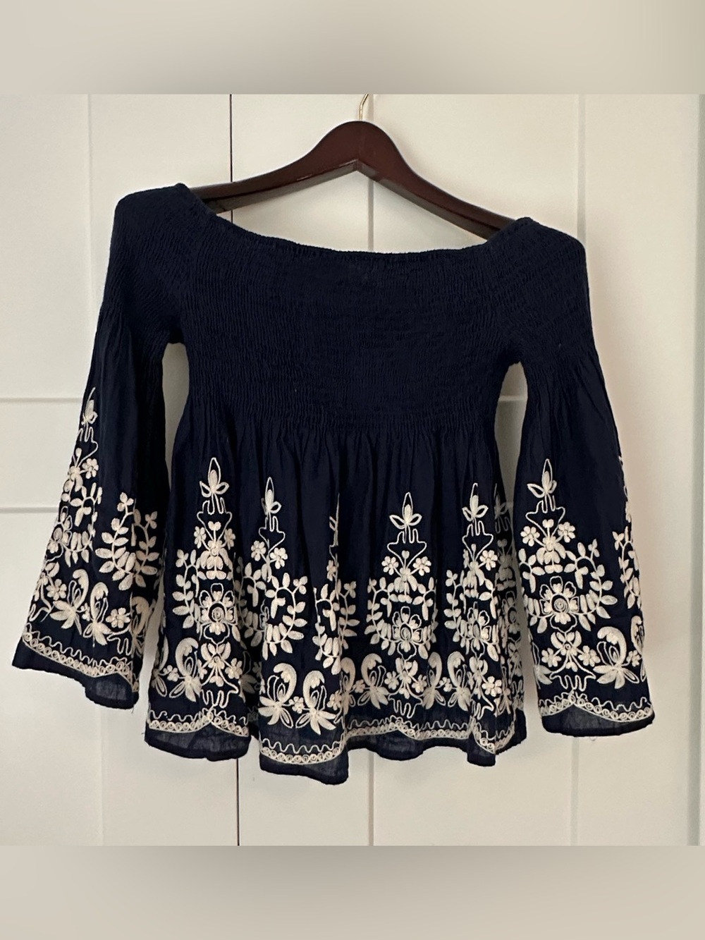 Flying Tomato Navy Off-Shoulder Top with Cream Embroidery‎ L